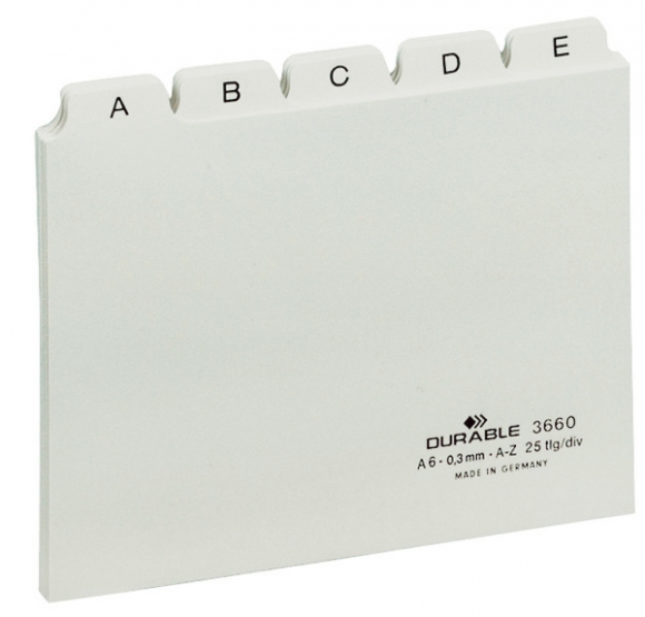 Leitkartenregister A6, A-Z, weiß geprägte Taben