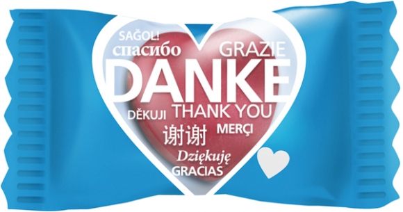 Herz-Bonbon mit Danke-Aufdruck in verschiedenen Sprachen