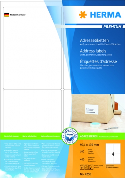 Adressetiketten Premium A4 99,1x139mm, weiß, Papier matt