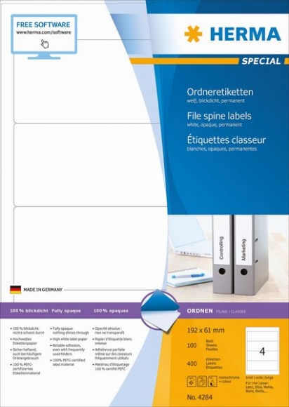 Etikett 192x61mm Ordner weiss A4 400Et 100Bl 4Et Bl LaserInkCopy