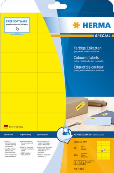 Farbige Etiketten A4 70x37mm gelb, matt, für alle PC-Drucker, MFC etc.