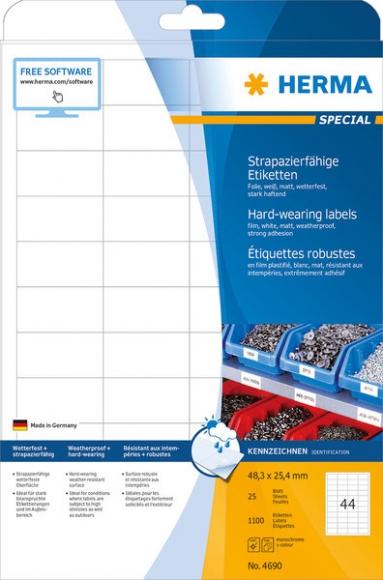 Strapazierfähige Etiketten 48,3x25,4mm weiß, Folie matt, extrem stark haftend