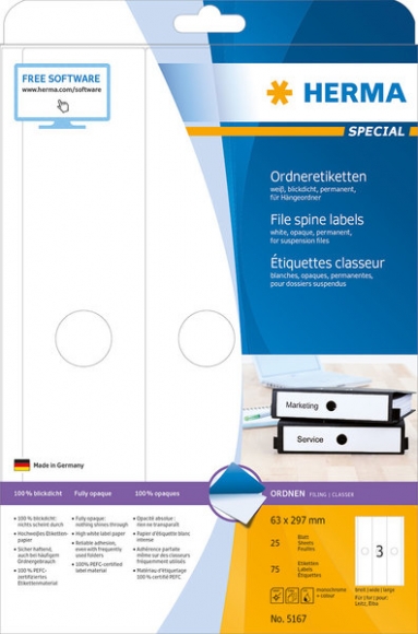 Etikett 63x297mm Hängeordner ws A4 75Et 25Bl 3Et Bl LaserInkCopy
