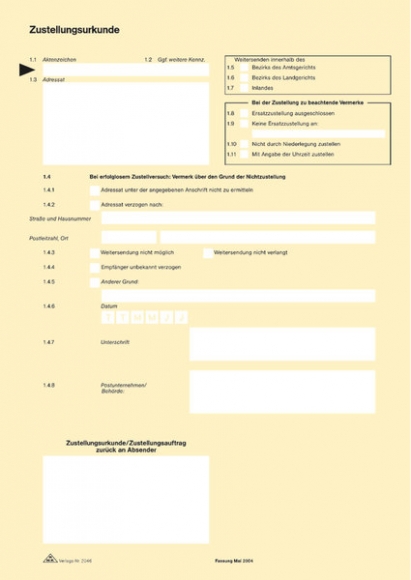 Zustellungsurkunde 2 Seiten, DIN A4, 80 g/m2