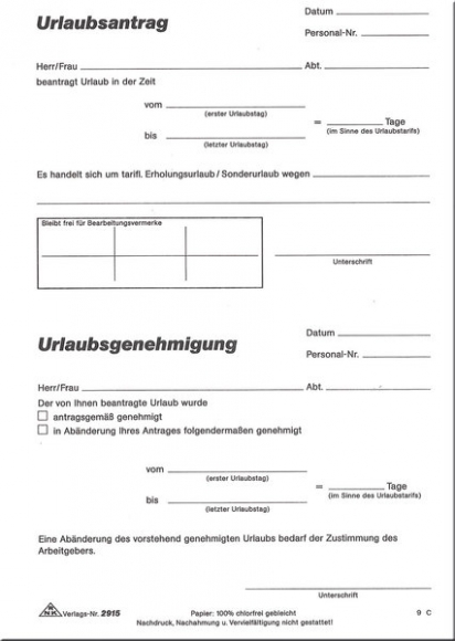 Urlaubsantragblock 50 Blatt schriftliches Gesuch für Tarif-