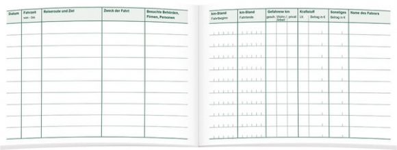 Fahrtenbuch A6 quer für PKW 32 Blatt, Schema über 2 Seiten