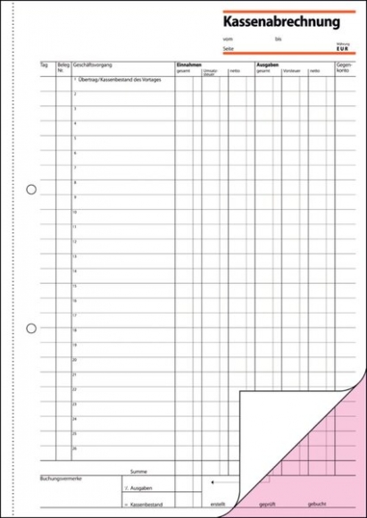 Kassenabrechnung A4 hoch 1. und 2. Blatt bedruckt, m.Blaupapier