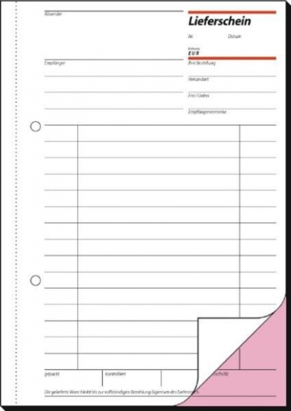 Lieferschein A5 hoch m Empfangsschein 2. Blatt bedruckt, m. Blaupapier