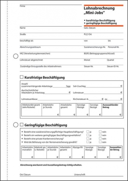 Lohnabrechnung Mini-Job, A5, 50 Blatt, mit Blaupapier