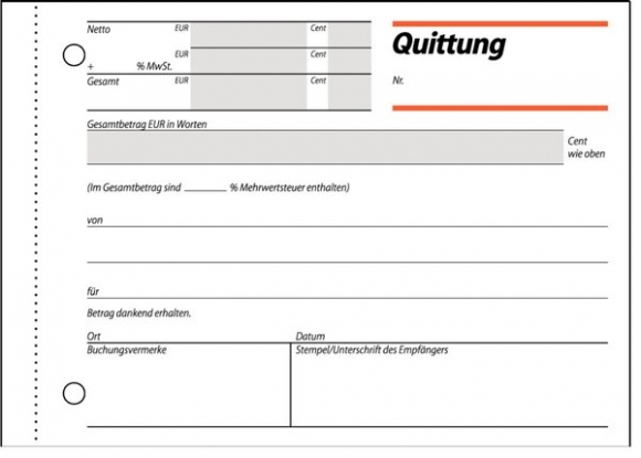 Quittung A6 quer 50 Blatt weiss mit Sicherheitsdruck u. MwSt-Nachweis