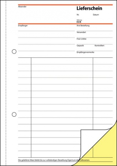 Lieferschein A5 hoch 2x40 Blatt weiß mit Empfangsschein, 1. und 2. Blatt