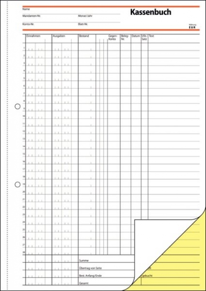 Kassenbuch EDV A4 hoch 1.u.2. Blatt bedruckt selbstdurchschreibend