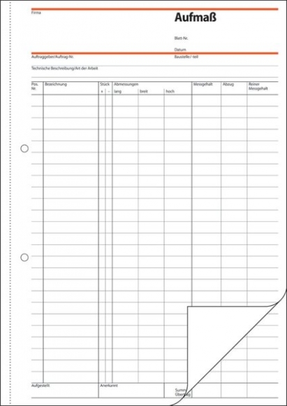 Aufmaßbuch A4 hoch, selbstdurch- schreibend