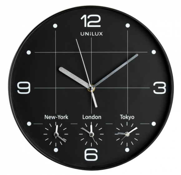 Quarz-Wanduhr On Time, schwarz, Ø 30,5 cm, 4 verschiedene Zeitzonen