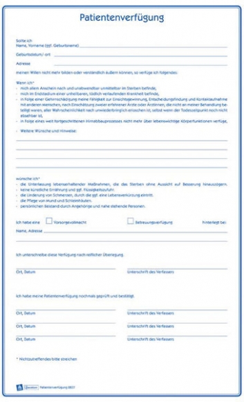 Patientenverfügung A4, Vordruckset