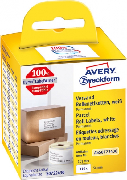 Rollenetikett 101 x 54 mm permanent haftend, weiß, 110 Stück pro Rolle